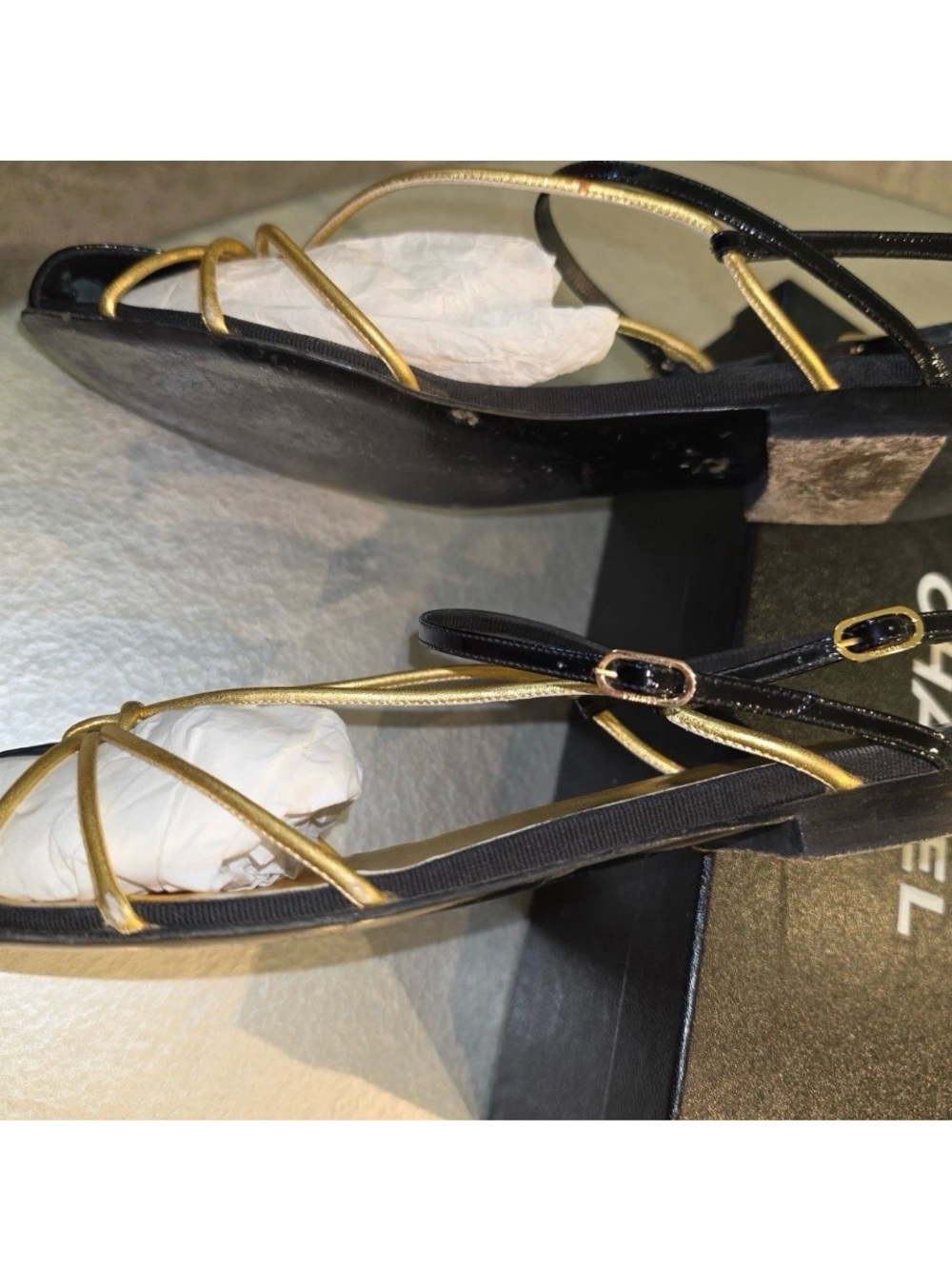 CHANEL Black & Gold Open-Toe Slingback Heels - Picture 2 of 3